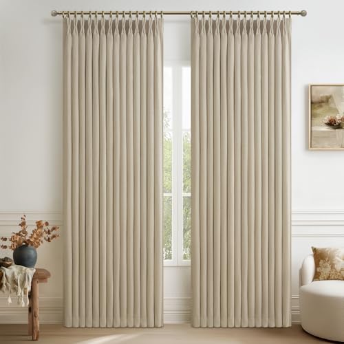 Natural Linen Double Layer Blackout Dining Room Curtains 72 Inches Long, Memory Trained Pinch Pleated Soundproof Light Block Boho Windows Drapes Thermal Insulated 6FT Length Heavy Curtain 2 Panels Set