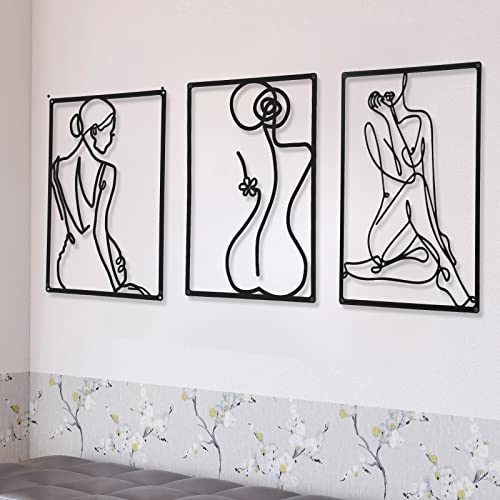 CHENGU 3 Pieces Metal Minimalist Abstract Woman Wall Art Line Drawing Wall Art Decor Single Line Female Home Hanging Wall Art Decor for Kitchen Bathroom Living Room (Elegant Style)
