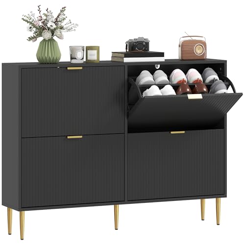 HOMCOM Narrow Shoe Cabinet with 4 Flip Drawers, Modern Slim Shoe Storage Cabinet with Fluted Doors and Adjustable Shelves for Hallway, Holds 10-20 Pairs, Black