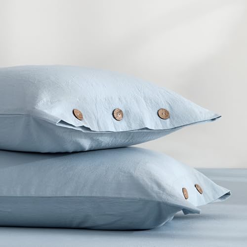 JELLYMONI 100% Washed Cotton Pillowcases, Standard, Button Closure - OEKO-TEX Certified, Pre-Shrunk, Natural Wrinkles, Linen-Look Texture for Everyday Bedding, Set of 2, 20 x 26 in