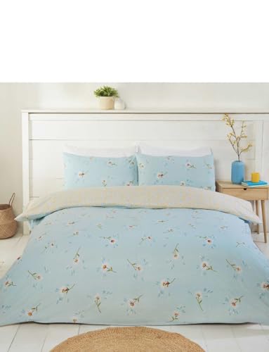 Rapport Home Daisy Flower Double Floral Blue Reversible Duvet Cover Set