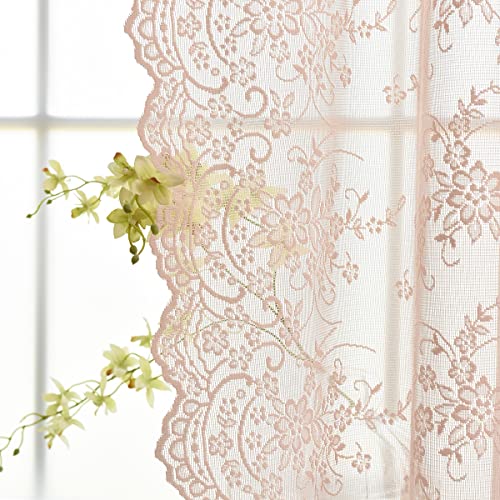 Kotile Blush Lace Curtains 84 Inches Long, Embroidery Country Rustic Floral Sheer Lace Curtains for Girls Room, Rod Pocket Privacy Window Lace Sheer Curtains, 52 x 84 in, 2 Panels, Blush Pink