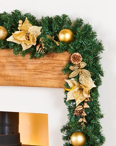 WeRChristmas Extra Thick Decorated Garland Christmas Decoration, Cream/Gold, 9 feet