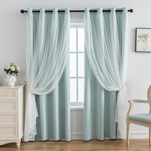 Anytime Home Curtains Blackout and Sheer Layered Solid Window Privacy Curtain Panel Pair for Bedroom with Grommet Top, 52Wx63L, Light Blue