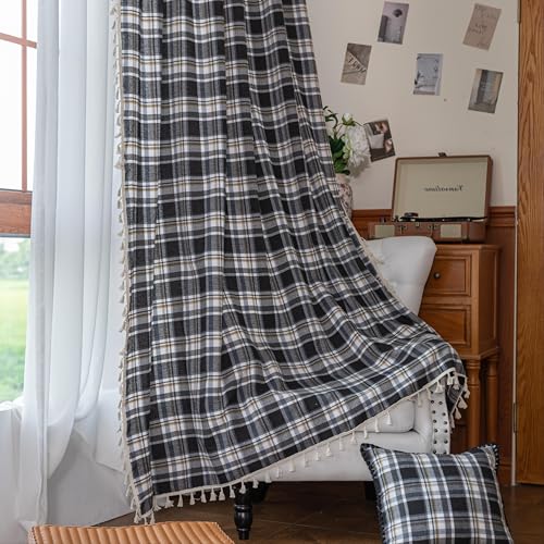 Erbnaryx Plaid Curtains 102 Inch Length, Light Filtering Window Drapes with Rod Pocket and Handmade Tassels, 2 Panels, Tartan Curtains for Living Room Bedroom,Black White