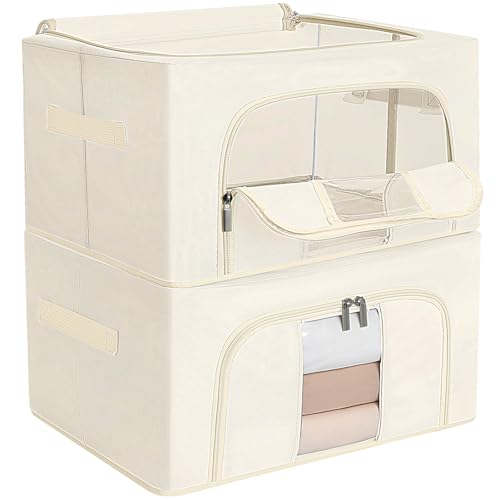 AiQInu Pack of 2 24L Stackable Storage Boxes with Zips, Metal Frame, Clear Window, Oxford Fabric, Protects Against Moisture, Dust, for Clothes, Bedding, Duvets - 40 x 30 x 20 cm