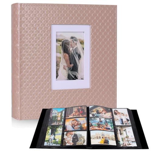 RECUTMS Photo Album 4x6 600 Photos Black Inner Page Button Grain Leather Big Capacity Pockets Pictures Album Birthday Christmas Photo Albums Wedding Anniversary (Light Champagne)