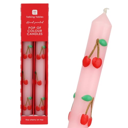 Talking Tables 2 x Cherry Dinner Candles Hand Painted Decorative Table Candles for Dinners Celebrations Home Styling Valentines Unscented Wax 5 Hr Burn with 3D Cherry Detail Statement Design 25cm