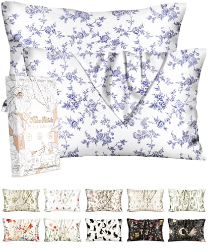 Miss Adola 2 Pack Silk Pillowcases - 20x30 Inch Queen Size Silk Pillow Cases with Hidden Zipper for Women Lady Smooth Soft Breathable Cooling Design Pillowcases for Hair and Skin, Blue Bouquet