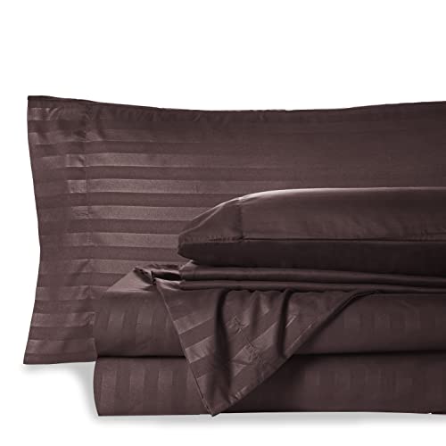 Mocassi Full Stripe Sheet Set - Luxury Hotel 1800 Premier Bedding Sheets & Pillowcases - Ultra Soft Breathable & Cooling Bed Sheets - Wrinkle Resistant - 6 Piece Set - Full, Brown