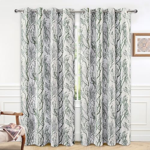 DriftAway Linen Printed Blackout Curtains Tree Branch Pattern Double Layer 90 Inches Long for Bedroom Thermal Insulated Summer Sound Lined Grommet Drapes for Living Room 2 Panels Loden Green/Linen
