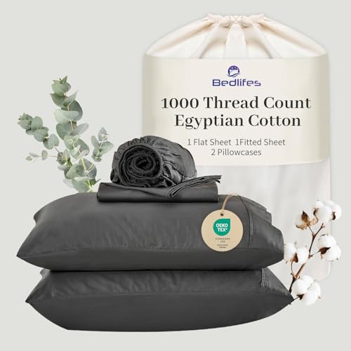 "Bedlifes Egyptian Cotton Sheets 1000 Thread Count California King Size, 4-Piece 16"" Deep Pocket - Cooling & Breathable Ultra Soft Bedding for Hotel Comfort (Dark Gray)"