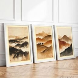 Mountain Landscapes in Mist Japandi Set of 3 Framed Wall Art Prints A3