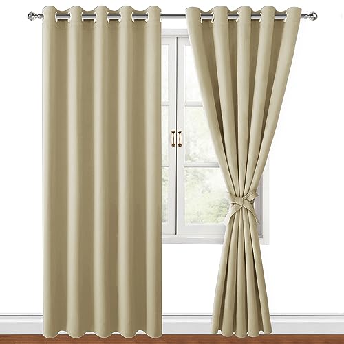 Hiasan Blackout Curtains for Bedroom, 60 x 84 Inches Long - Thermal Insulated & Light Blocking Window Curtains for Living Room, 2 Drape Panels Sewn with Tiebacks, Light Beige