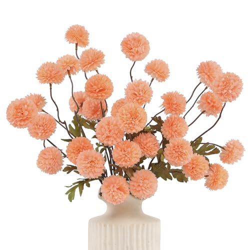 DuHouse 6pcs Artificial Flowers Faux Silk Pompon Mum,Silk Small Mini Chrysanthemum Ball with Stems for DIY Wedding Bouquets Centerpieces Vase Home Table Kitchen Decorations(Peach Fuzz)