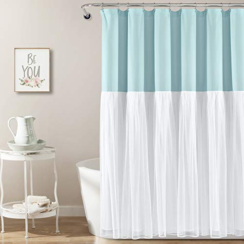 "Lush Decor Tulle Skirt Colorblock Shower Curtain, 72"" x 72"", Spa Blue & White"