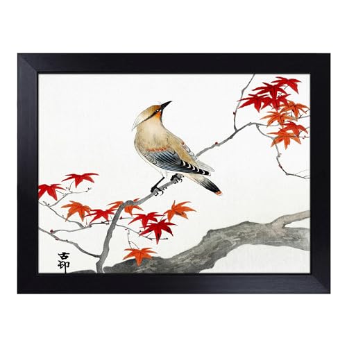 Lap Tray with Bean Bag Cushion, Bird Upon A Maple Tree By Ohara Koson - Handmade in the UK, Raised Wooden Edge, Padded Cushion, Heat-Resistant Wipe-Clean Surface, for Meals, Laptops and Crafts