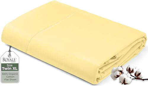 "Royale Linens 100% Organic Cotton Twin XL Flat Sheet Only - Super Soft - Percale Top Sheets - Twin XL Flat Sheet Sold Separately - Breathable, Cool & Crisp Sheets Only (66"" x 102"", Yellow)"