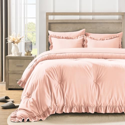 QUIETSEA Queen Bed in a Bag Pink, 7 Pieces Comforter Set Queen - Ruffle Bedding Comforter Set, Shabby Chic Bed Set with Comforter, Pillowcases, Flat Sheet, Fitted Sheet and Pillow Shams