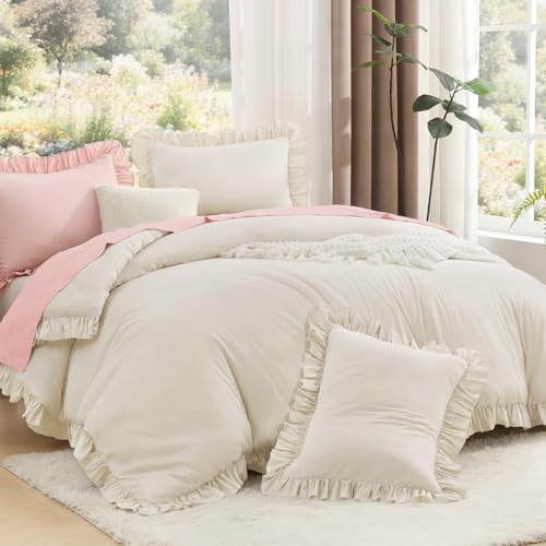 Litanika King Comforter Set, 3 Pieces Beige Ruffle Bedding Set - Farmhouse Shabby Chic Aesthetic Soft Fluffy Lightweight Breathable Bed Set for Girls Women Room Decor Gift All Season