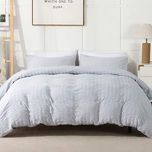 "AveLom Light Gray Duvet Cover King Size, Textured Seersucker Duvet Cover Set, Soft Washed Microfiber with Zipper Closure and Corner Ties, 3 Pieces, 104"" x 90"" Duvet Cover & 2 Pillowcases"