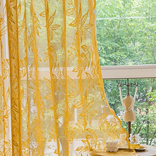"Sutuo Home Gold Lace Curtains 84 Inches Long for Bedroom Living Room, Leaf Embroidery Window Sheer Drapes Pair Knitted, Rod Pocket Vintage Country Window Treatments Set of 2 Panels, 57"" W x 84"" L"