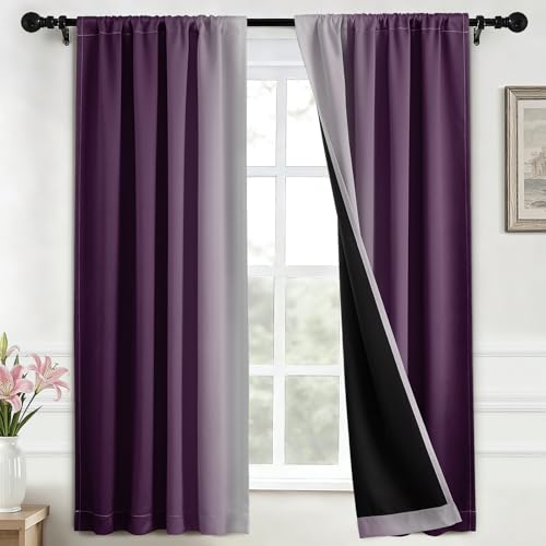 Yakamok 100% Blackout Curtains 63 inches Long, Room Darkening Purple and Greyish White Curtains Ombre for Bedroom,Gradient Rod Pocket Window Curtains for Living Room,2 Panels,42x63 inch