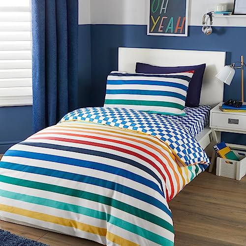 Bedlam - Multi-Colours Checkered Duvet Cover - Double Bedding Size (200 x 200cm) - Reversible (2 Designs) - Rainbow Striped Duvet Cover - Bright Colours Check Duvet Cover in Double - Rainbow Bedding