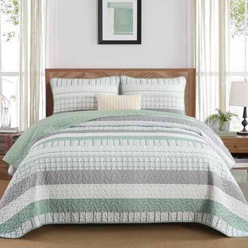 "DJY Striped Quilt Set Queen Size, Sage Green Boho Bedspread Set 3 Pieces Patchwork Coverlet Bedding Set Lightweight Soft Microfiber for All Season (96""x90"")"