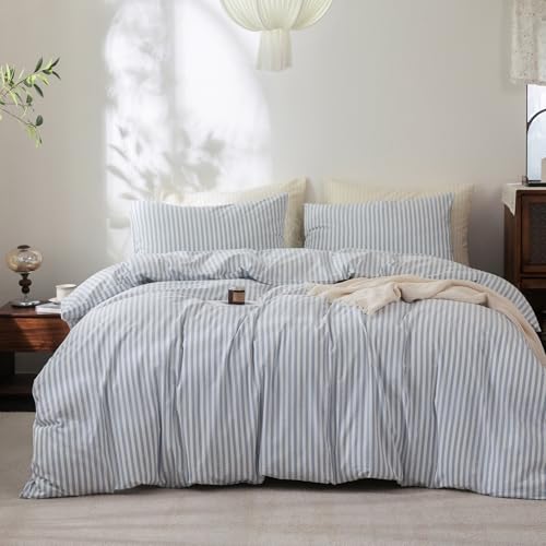 FOSSA Striped Duvet Cover Set 100% Washed Cotton Linen Feel Super Soft Breathable Cozy 3 Pieces Bedding Sets Cornflower Blue White Classic Stripes Full/Double