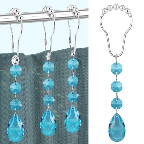 Yapicoco Shower Curtain Hooks Rings for Bathroom, 12PCS Gemstone Crystal Bead Stainless Steel Rust Resistant Clear Shower Curtain Rings for Shower Curtains (Blue)