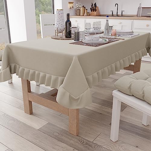 PETTI Artigiani Italiani - Ruffle Tablecloth, Rectangle Kitchen Tablecloth with Valance, Plain Cotton Tablecloth, X12 Seater (140 x 240 cm) Beige