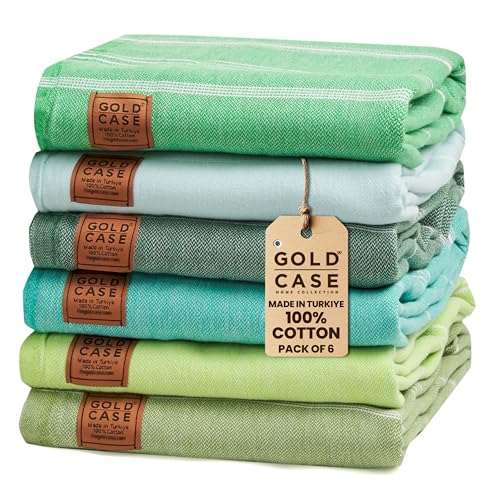 GOLD CASE - Set of 6 XXL 70x39 Inches - Original LYCIA Turkish Bath and Beach Towel - 100% Natural Cotton Pestemal for Beach, Bathroom, SPA, Gym, Pool, Yacht, Picnic (Green Tones)