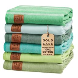 GOLD CASE - Set of 6 XXL 70x39 Inches - Original LYCIA Turkish Bath and Beach Towel - 100% Natural Cotton Pestemal for Beach, Bathroom, SPA, Gym, Pool, Yacht, Picnic (Green Tones)