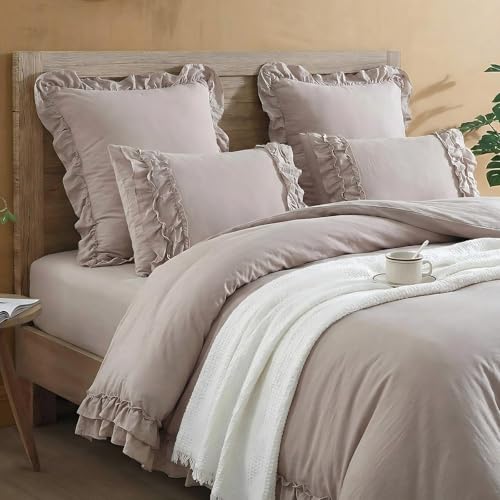 Bedorm Taupe King Comforter Shabby Chic Ruffled Bedding Set Taupe Ruffle Fringe Farmhouse Bedding Super Soft Fluffy Boho Comforter Set French Country Style