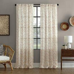 "Archaeo Fragmented Geometric Embroidery Mid-Century Modern Natural Linen Blend Curtain, 50"" x 63"", Gold/Linen"