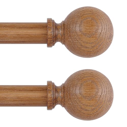 "HTZON 2 Pack Wood Curtain Rods for Windows 28 to 48 Inch,1 Inch Wood Grain Ball Adjustable Curtain Rod,Boho Heavy Duty Curtain Rods,Farmhouse Rustic Window Curtains Rods,Brown Drapery Rods Set 18-45"""