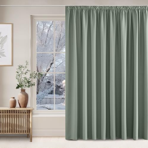 NICETOWN Sage Green Extra Wide Curtains Children's Room Divider Curtain Thermal Curtain Ruffle Tape Blackout Curtains for Rail Set of 1 240 x 300 cm (H x W) Curtains Opaque Living Room