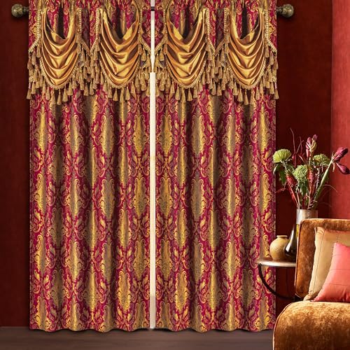 Loom and Mill Luxury Red Damask Window Curtains with Attached Waterfall Valances and Tiebacks, Classic Jacquard Blackout Curtains 2 Panels for Bedroom Living Room, Rod Pocket(52???Wx 84???L, 2 Panels)