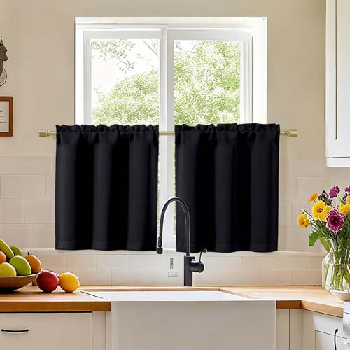 "Simplebrand Short Black Cafe Curtains Tier 24 Inch Length 2 Panels Set, Modern Solid Blackout Small Window Kitchen Curtains for Bathroom, Basement, Cabinet, Camper, Black, Each 30"" Wx24 L Inches"