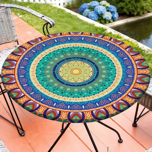 "Round Tablecloth Fitted Elastic Waterproof Table Cover for 45""-56"" Tables - Outdoor Round Tablecloth With Windproof Elastic Edges And Wipeable Fabric For Picnic And Patio Dining"