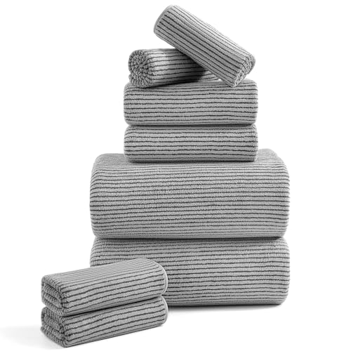 8-Piece Premium Towel Set for Bathroom-2 Oversized Large Bath Sheet,2 Hand Towels,4 Washcloths-Soft Cozy Highly Absorbent Fast Dry Microfiber Towel Set for Hotel,Bathroom Essentials,Dark Grey