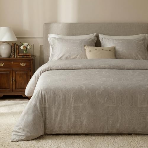HeimenAogo Egyptian Cotton Duvet Cover King Size Sateen Weave, Silky Soft and Breathable Bedding Set with Zipper Closure, Long Staple Cotton Bed Linen Boho Paisley 3Pcs