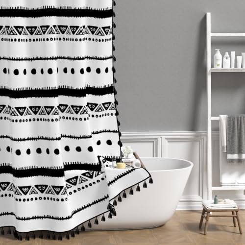 AOFOTO Boho Shower Curtain Black Striped Geometric Pattern Shower Curtains for Bathroom Tassel Bohemian Shower Curtain Modern Bathroom Home Decor with Hooks Waterproof 70x96 Inches