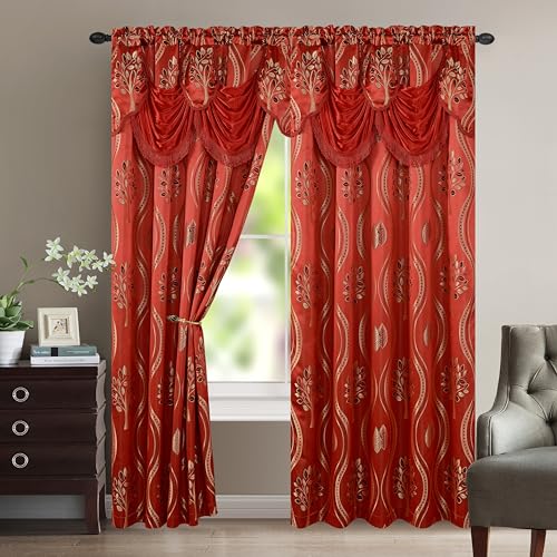 "Elegant Comfort Luxurious Beautiful Curtain Panel Set with Attached Valance and Backing 54"" X 84 inch (Set of 2), Red"