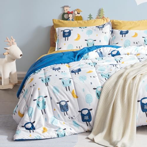 SLEEP ZONE Kids Bedding Comforter Set Full/Queen Size - Super Cute & Soft Kids Bedding 7 Pieces Set with Comforter, Sheet, Pillowcase & Sham (Blue Sheep)
