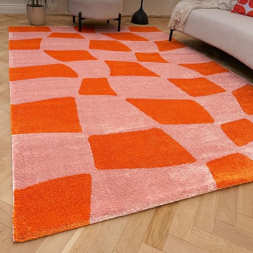 THE RUGS Joli Area Rug - Soft Dense Pile Modern Artistic Design, Durable & Easy Care Carpet for Living Room & Bedroom - Irregular Checkered Orange & Pink, 80 x 150 cm