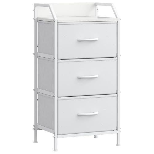 Feonase 3-Drawer Chest of Drawers with Metal Frame & Top Back Shelf – Modern Fabric Storage Cabinet for Bedroom, Living Room, Small Spaces (40x30x78cm, White)