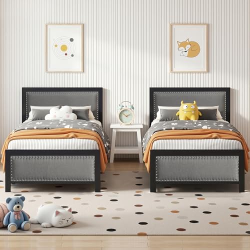 VECELO Single Size Bed Frame Set of 2 with Linen Fabric Headboard and Footboard, Heavy-Duty Platform with Strong Steel Slats, No Box Spring Needed, Easy Assembly, Grey