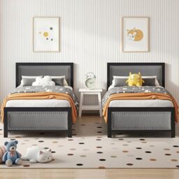 VECELO Single Size Bed Frame Set of 2 with Linen Fabric Headboard and Footboard, Heavy-Duty Platform with Strong Steel Slats, No Box Spring Needed, Easy Assembly, Grey